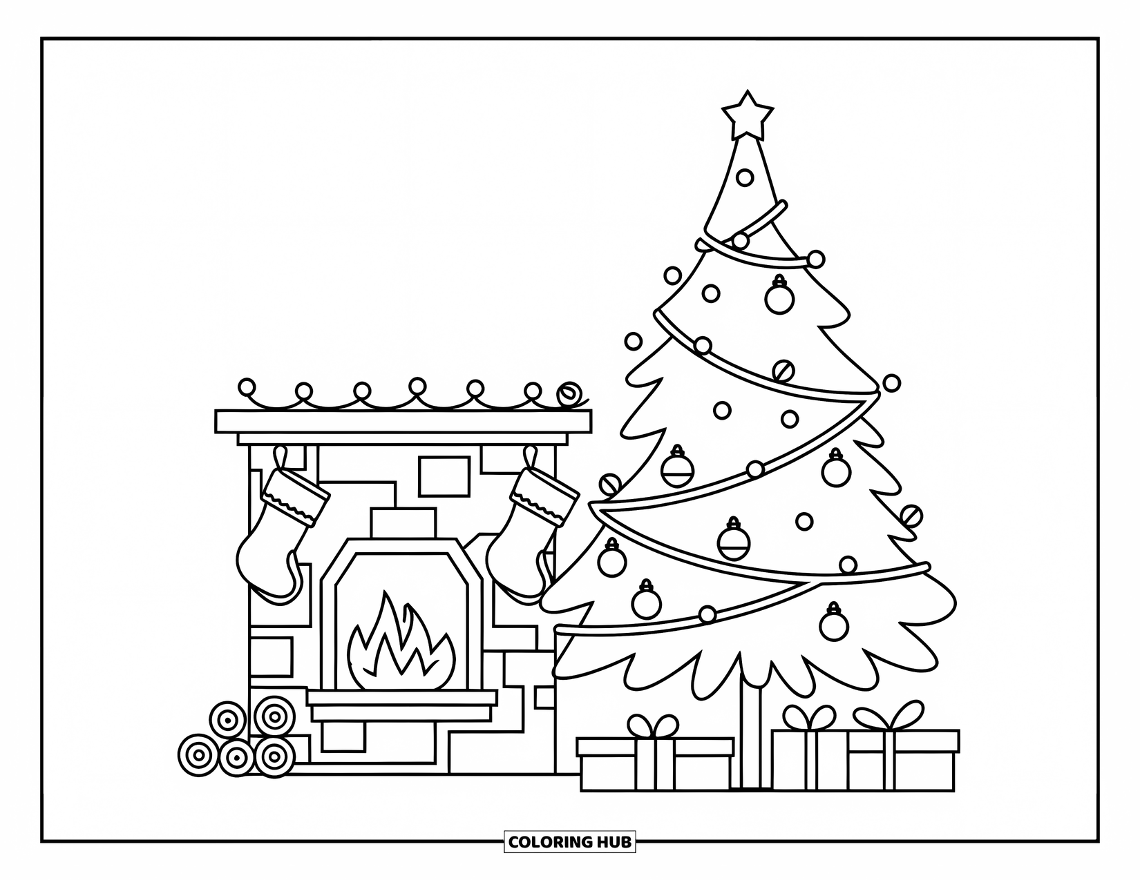 Christmas Tree Coloring Page for Kids: Decorated tree and fireplace with stockings and gifts wrapped in brown paper