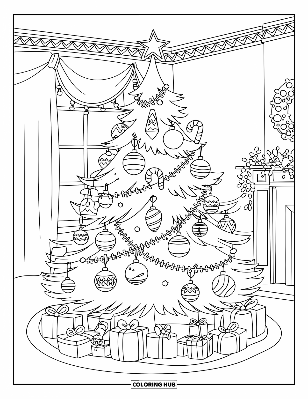 Christmas Tree Coloring Page for Kids: Decorated tree in a room with a fireplace and window curtain