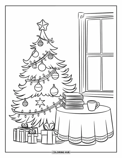 Coloriage de sapin de Noël pour enfants : Un sapin décoré près d'une table avec des livres et du chocolat chaud dans une pièce agréable
