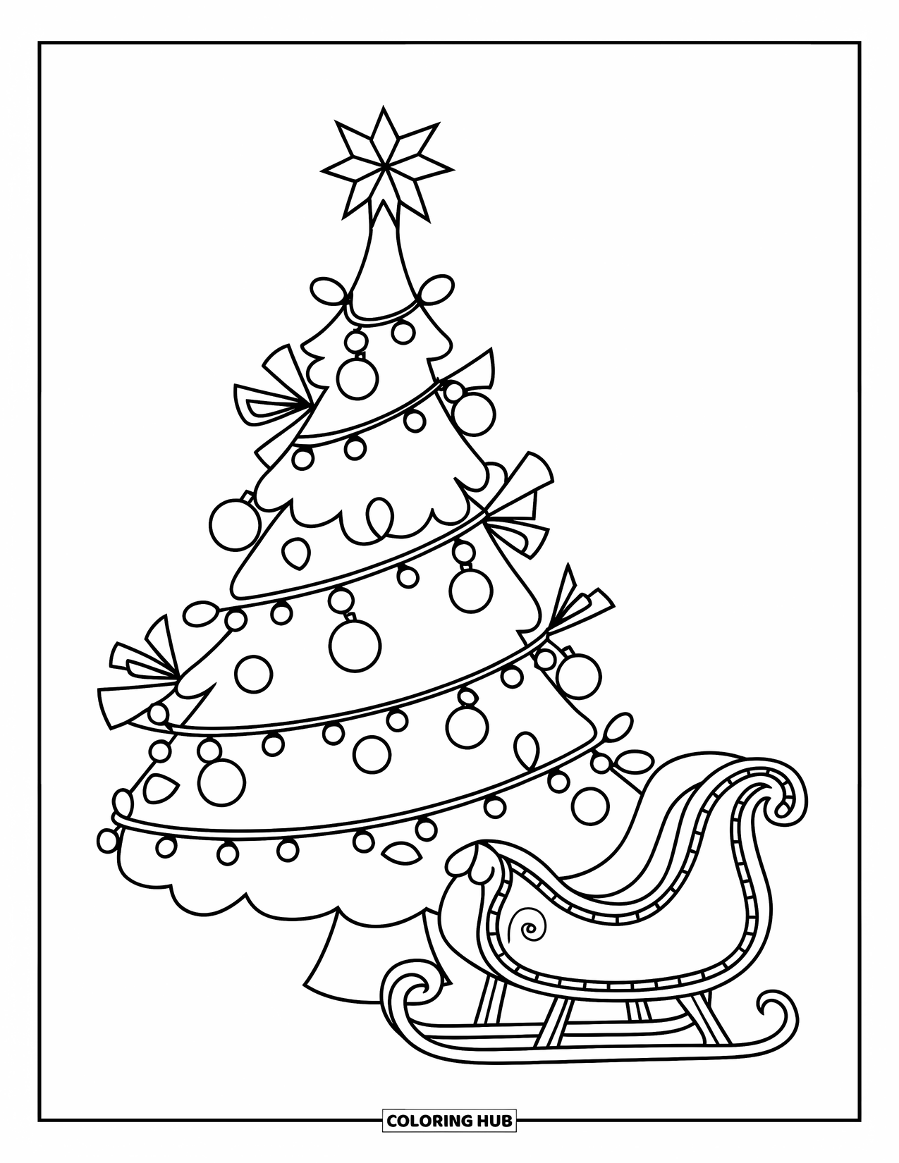 Christmas Tree Coloring Page for Kids: Decorated tree with a sleigh and star ornaments on clean white ground