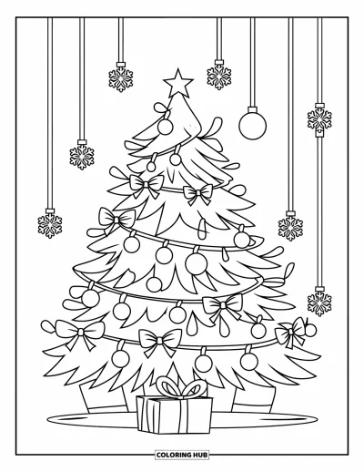 Coloriage de sapin de Noël pour enfants : Un sapin décoré avec des guirlandes lumineuses, des nœuds et un cadeau en dessous