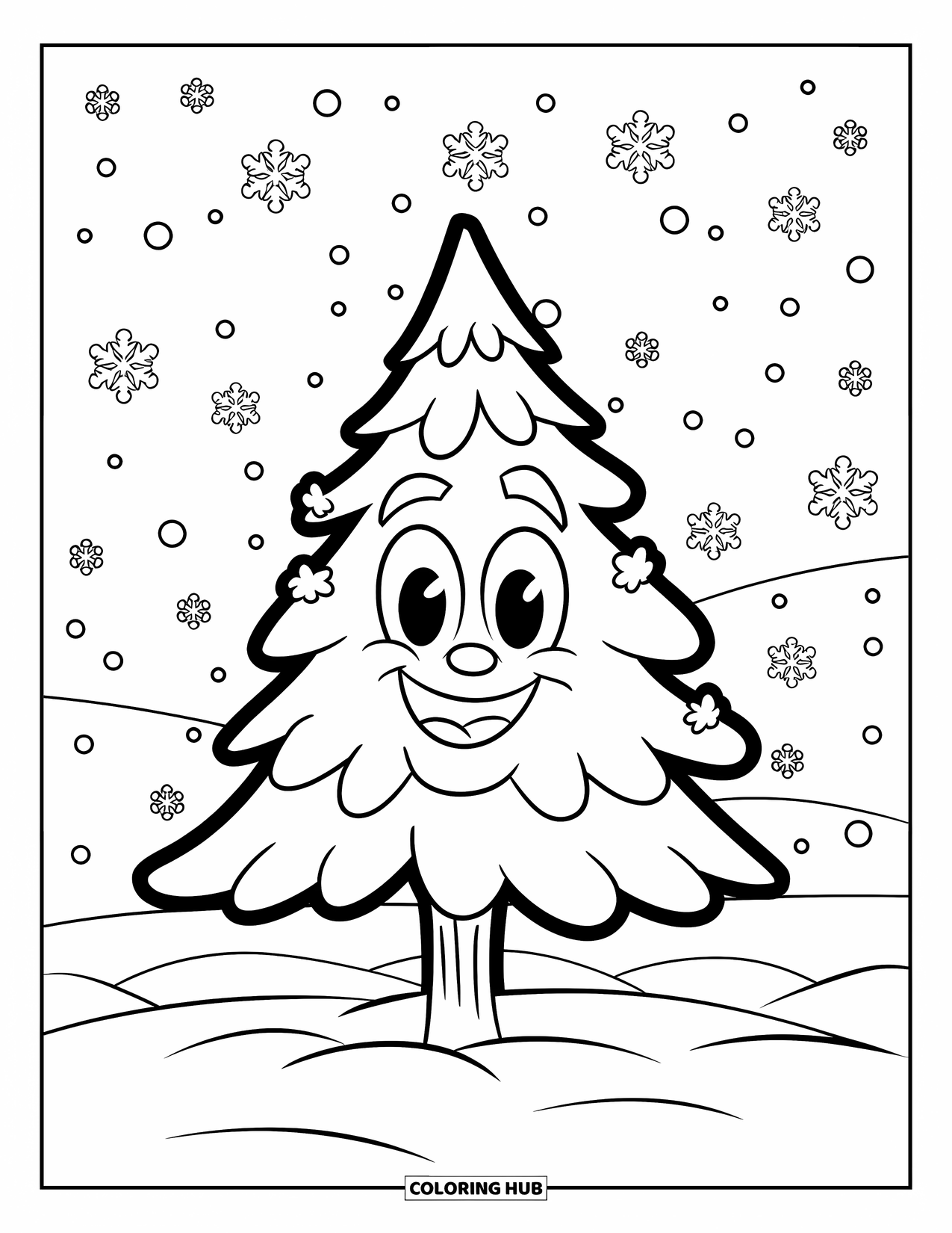 Christmas Tree Coloring Page for Kids: Happy tree in the snow with snowflakes and thick outlines