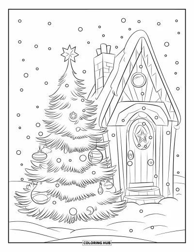 Coloriage de sapin de Noël pour enfants : Un sapin orné près d'un cottage enneigé avec une cheminée et un sol couvert de neige
