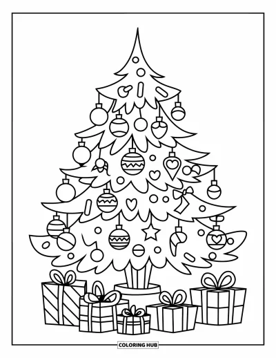 Coloriage de sapin de Noël pour enfants : Un sapin orné de cannes en sucre d'orge et de cadeaux sur un socle en bois