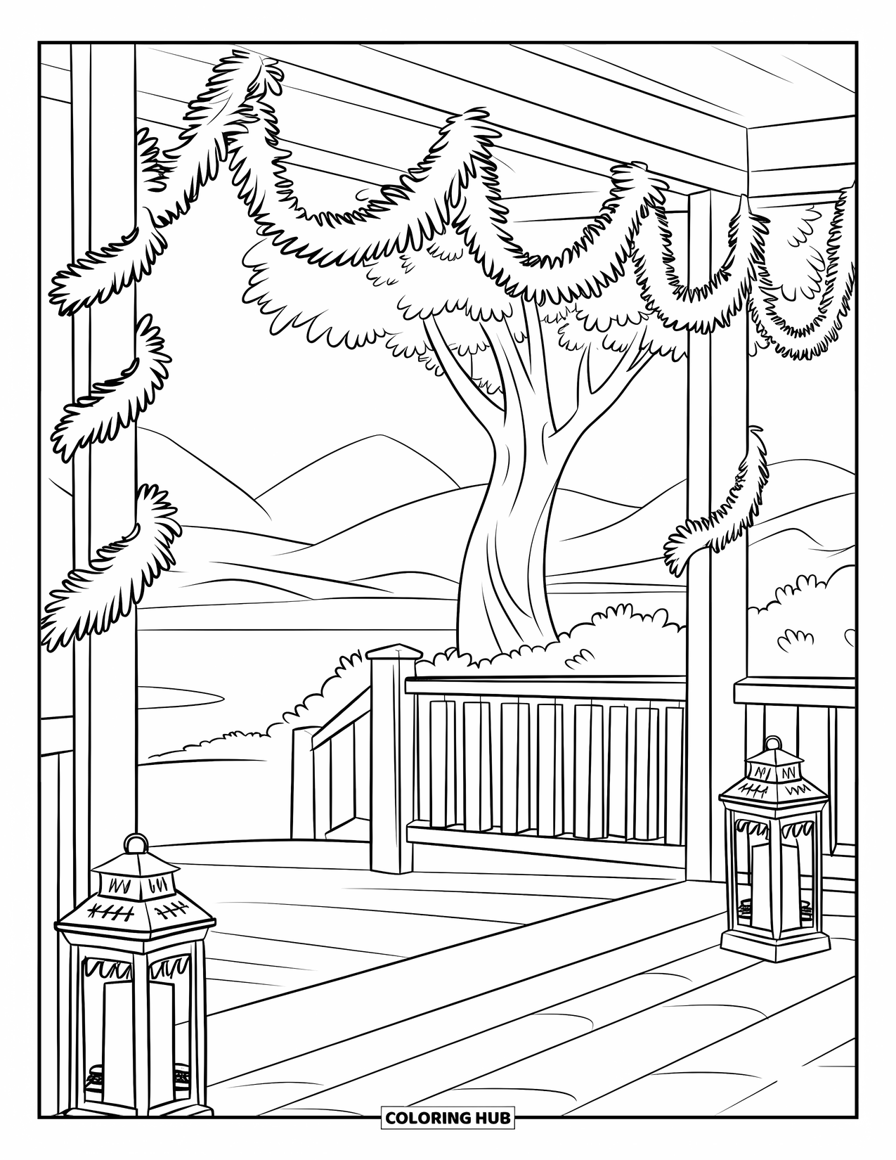 Christmas Tree Coloring Page for Kids: Peaceful porch scene with garlands, lanterns, a tree, and distant mountains
