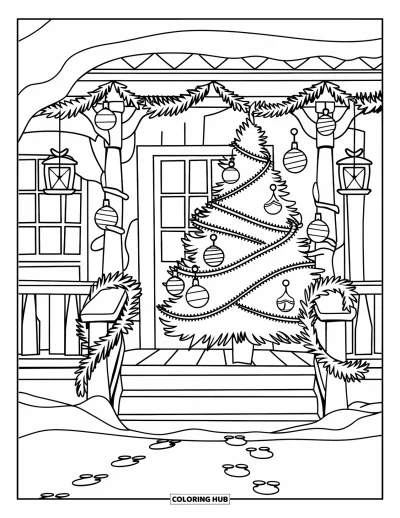 Coloriage de sapin de Noël pour enfants : Un porche avec un sapin, des guirlandes de pin, des lanternes et des empreintes dans la neige