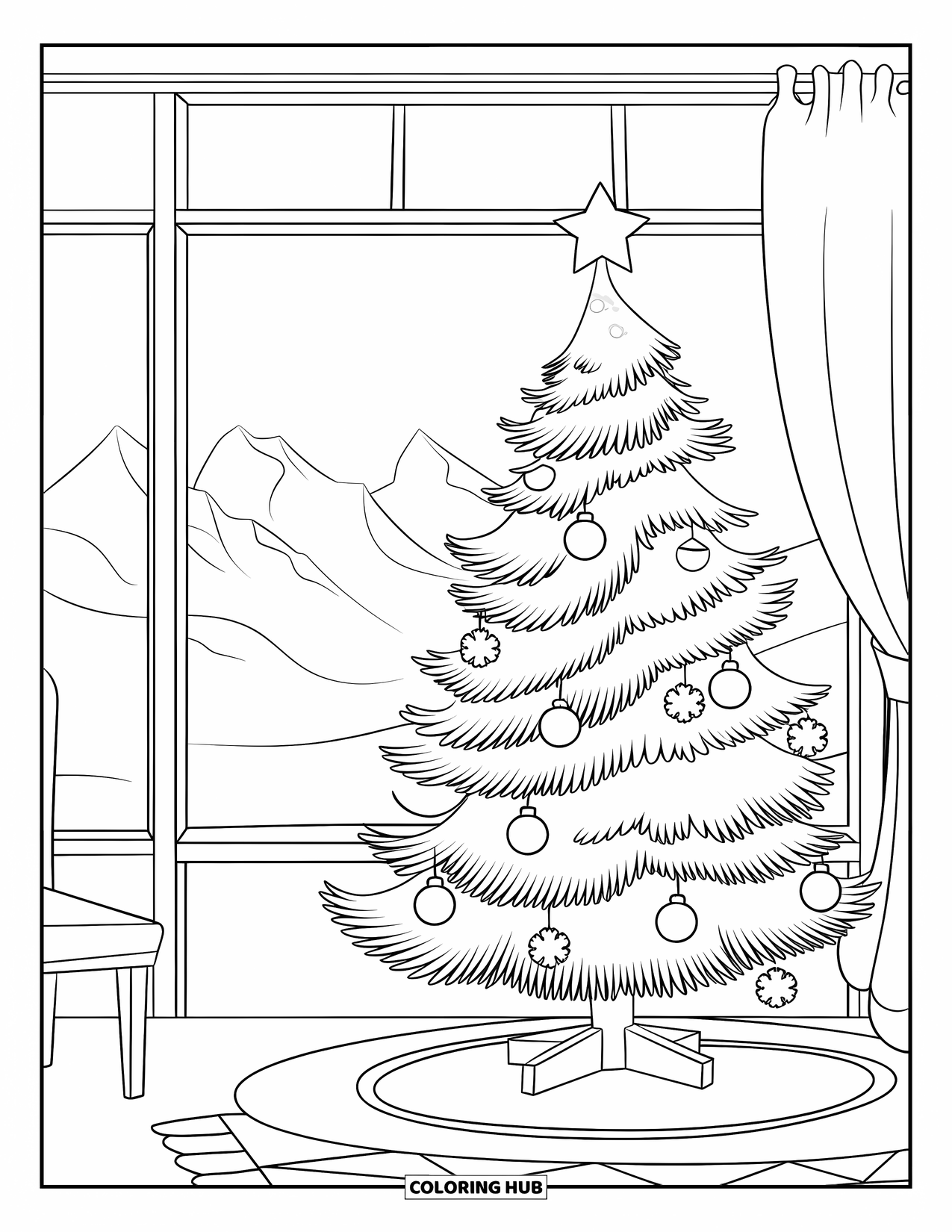 Christmas Tree Coloring Page for Kids: Room with tree, big window, chair, and snowy mountains in the distance