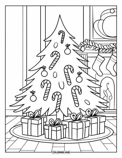 Coloriage de sapin de Noël pour enfants : Un sapin simple avec des cannes en sucre d'orge, des cadeaux sobres et une cheminée en arrière-plan