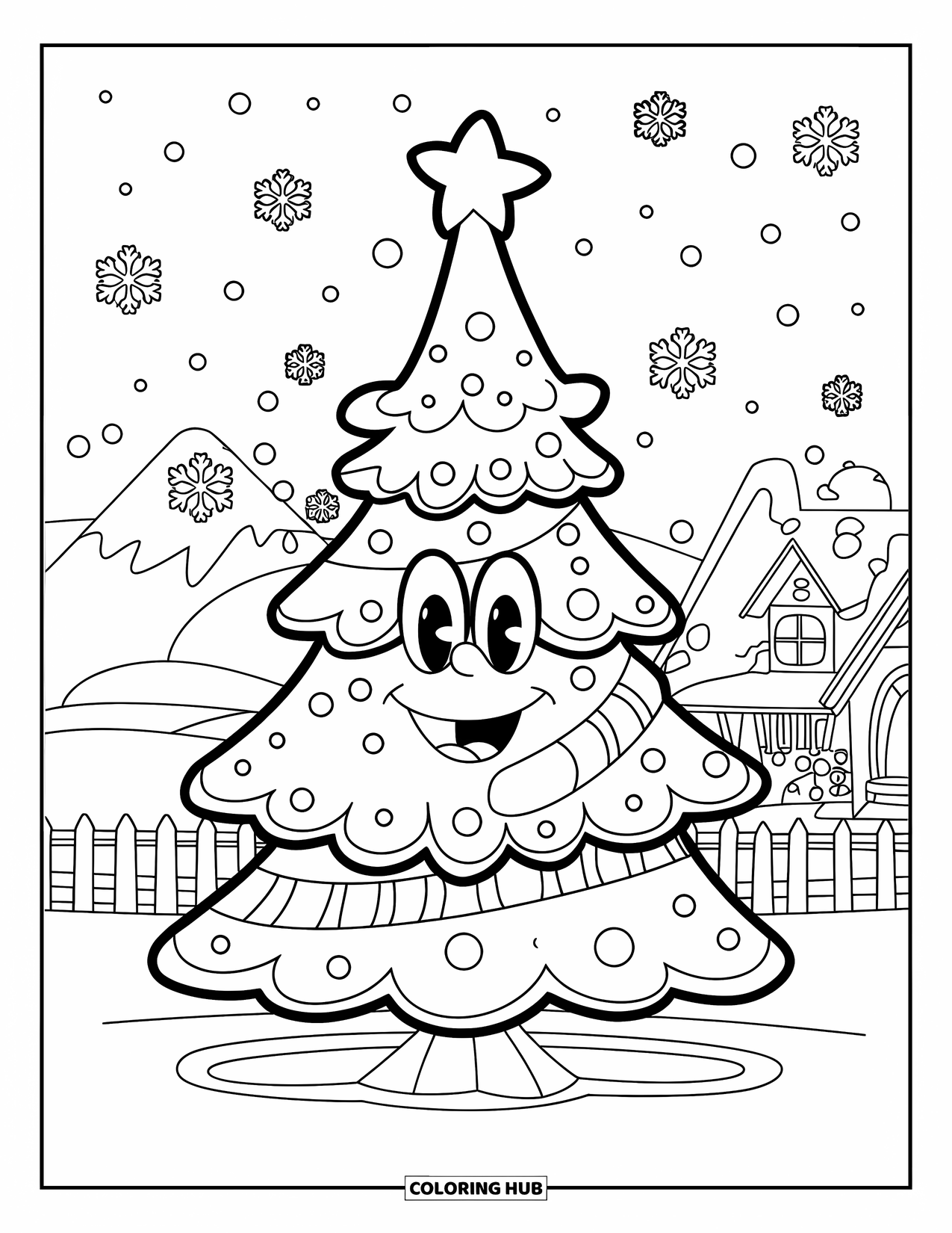 Christmas Tree Coloring Page for Kids: Smiling tree in a scarf with snow, mountains, and a house nearby