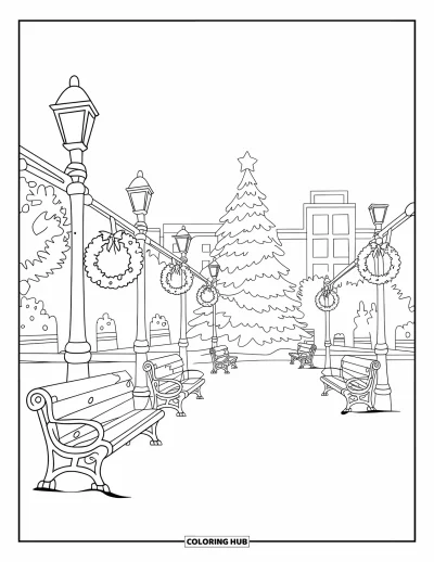 Coloriage de sapin de Noël pour enfants : Un parc enneigé avec un sapin au centre et des bâtiments au loin