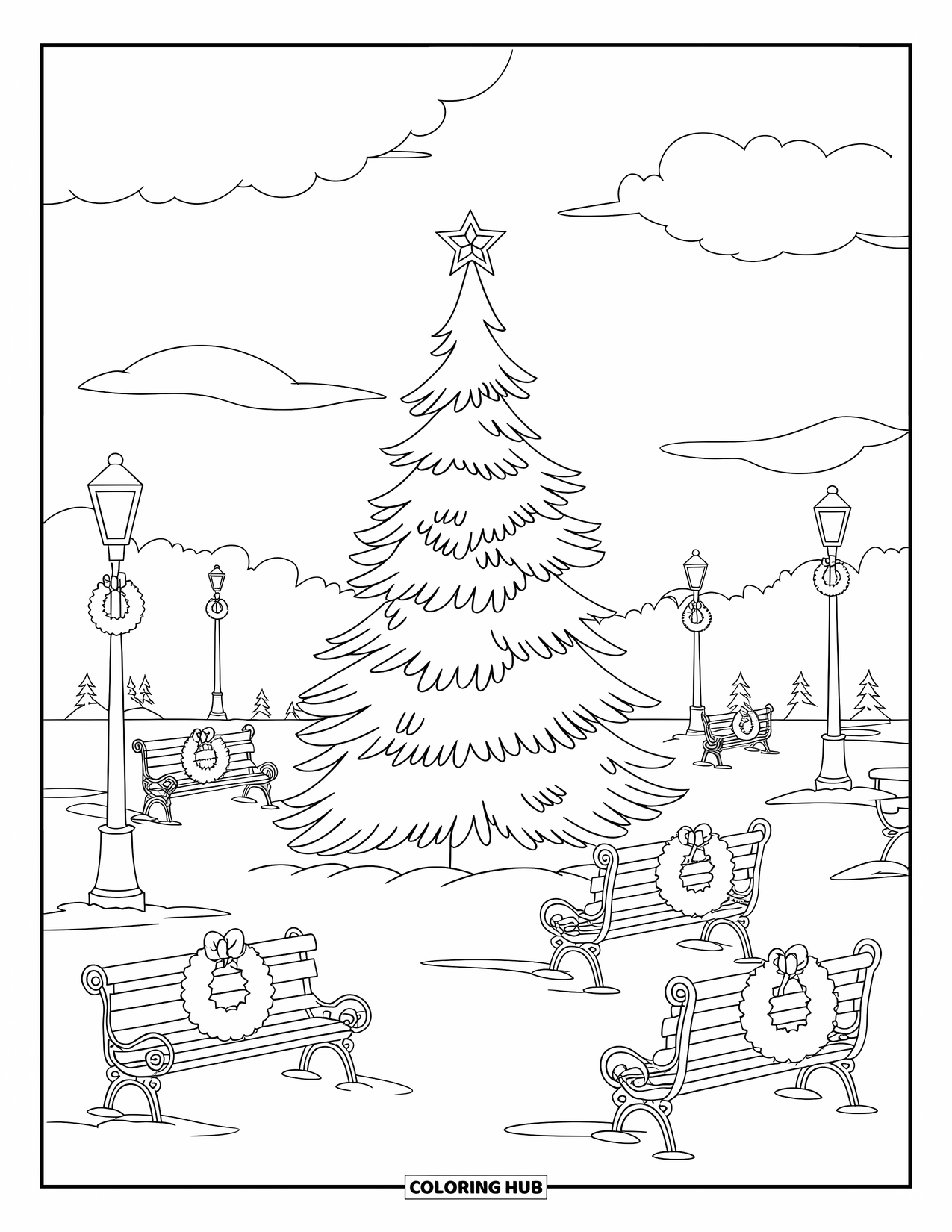 Christmas Tree Coloring Page for Kids: Tall tree in a snowy park with benches, wreaths, and lamp posts around