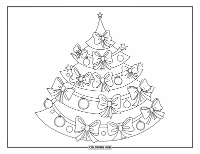 Coloriage de sapin de Noël pour enfants : Trois sapins superposés avec des nœuds, des rubans et des boules sur chaque branche