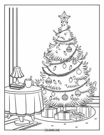 Coloriage de sapin de Noël pour enfants : Un sapin et une table avec des livres et du chocolat chaud dans une pièce avec un tapis et un fauteuil