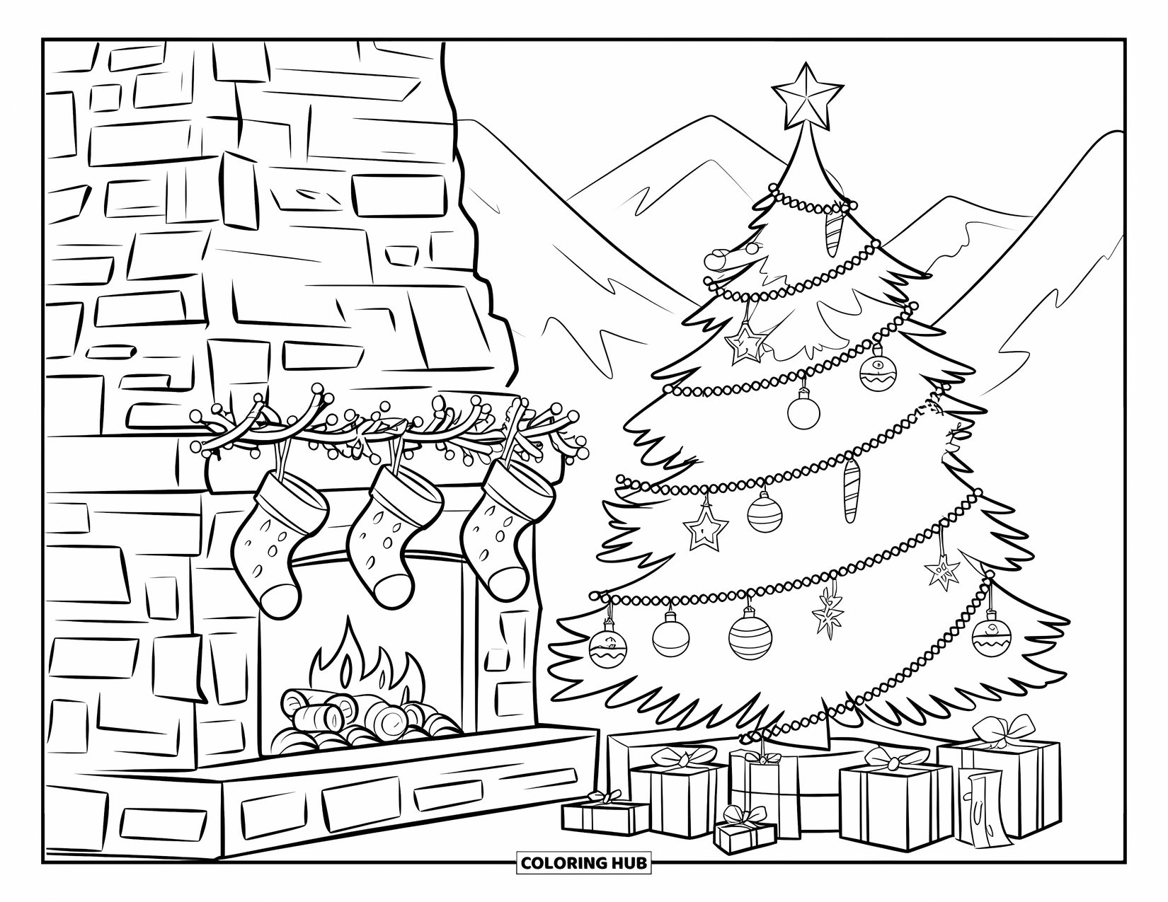Christmas Tree Coloring Page for Kids: Tree beside a fireplace with stockings, lights, and snowy mountains outside the window