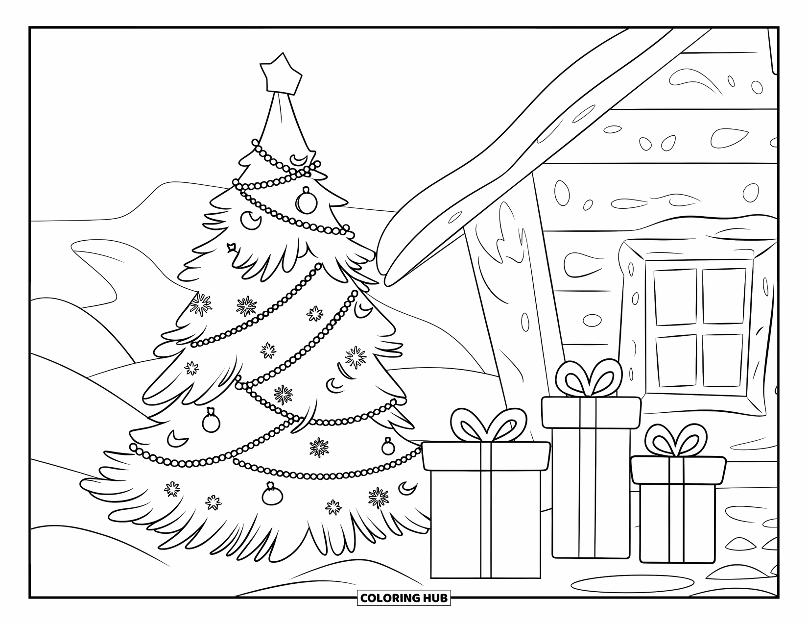 Christmas Tree Coloring Page for Kids: Tree beside a snowy cabin with gift boxes and a mountain view