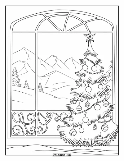 Coloriage de sapin de Noël pour enfants : Un sapin près d'une fenêtre avec vue sur des montagnes enneigées et quelques arbres alentour
