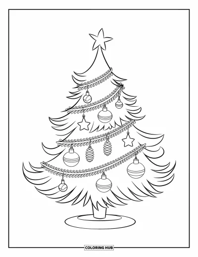Coloriage de sapin de Noël pour enfants : Un sapin décoré de clochettes, de guirlandes et de pommes de pin sur un socle rond