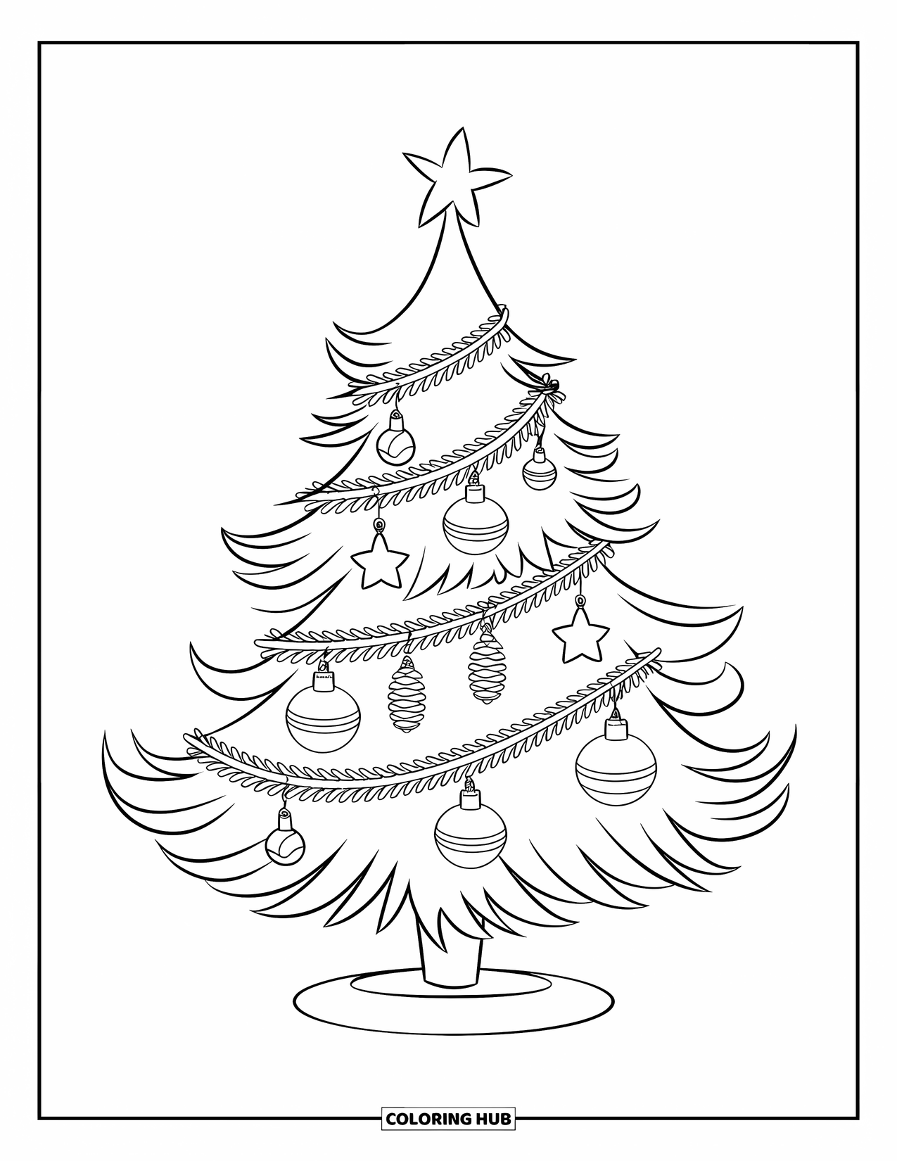 Christmas Tree Coloring Page for Kids: Tree decorated with bells, garlands, and pinecones on a round base