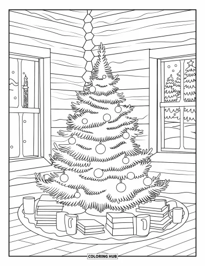 Coloriage de sapin de Noël pour enfants : Un sapin dans un chalet rustique en rondins avec des livres, des tasses et une vue enneigée par la fenêtre
