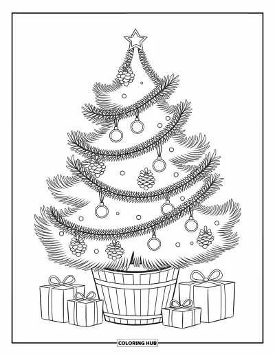 Coloriage de sapin de Noël pour enfants : Un sapin avec des clochettes et des cadeaux dans un seau en bois sur fond blanc