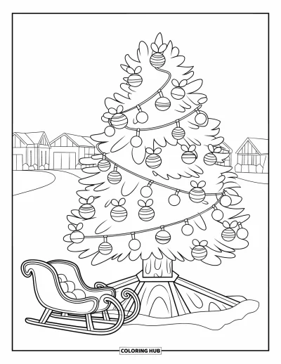 Coloriage de sapin de Noël pour enfants : Un sapin avec des friandises et des guirlandes lumineuses près d'un traîneau dans un village enneigé