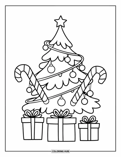 Coloriage de sapin de Noël pour enfants : Un sapin avec des cannes en sucre d'orge et des cadeaux noués avec des rubans en dessous
