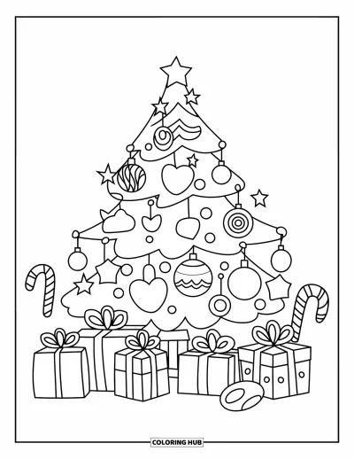 Coloriage de sapin de Noël pour enfants : Un sapin avec des cannes en sucre d'orge et des cadeaux sur fond blanc immaculé