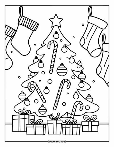 Coloriage de sapin de Noël pour enfants : Un sapin avec des cannes en sucre d'orge, des cadeaux et des chaussettes suspendues au mur