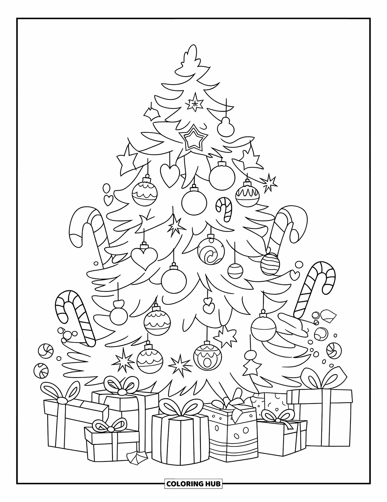 Christmas Tree Coloring Page for Kids: Tree with candy canes, stars, and presents surrounding the base