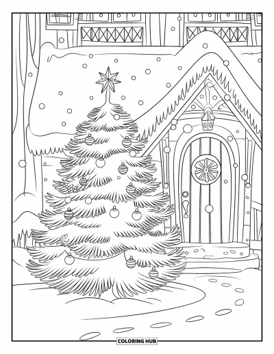 Coloriage de sapin de Noël pour enfants : Un sapin avec des empreintes à proximité et une légère neige près d'un cottage charmant
