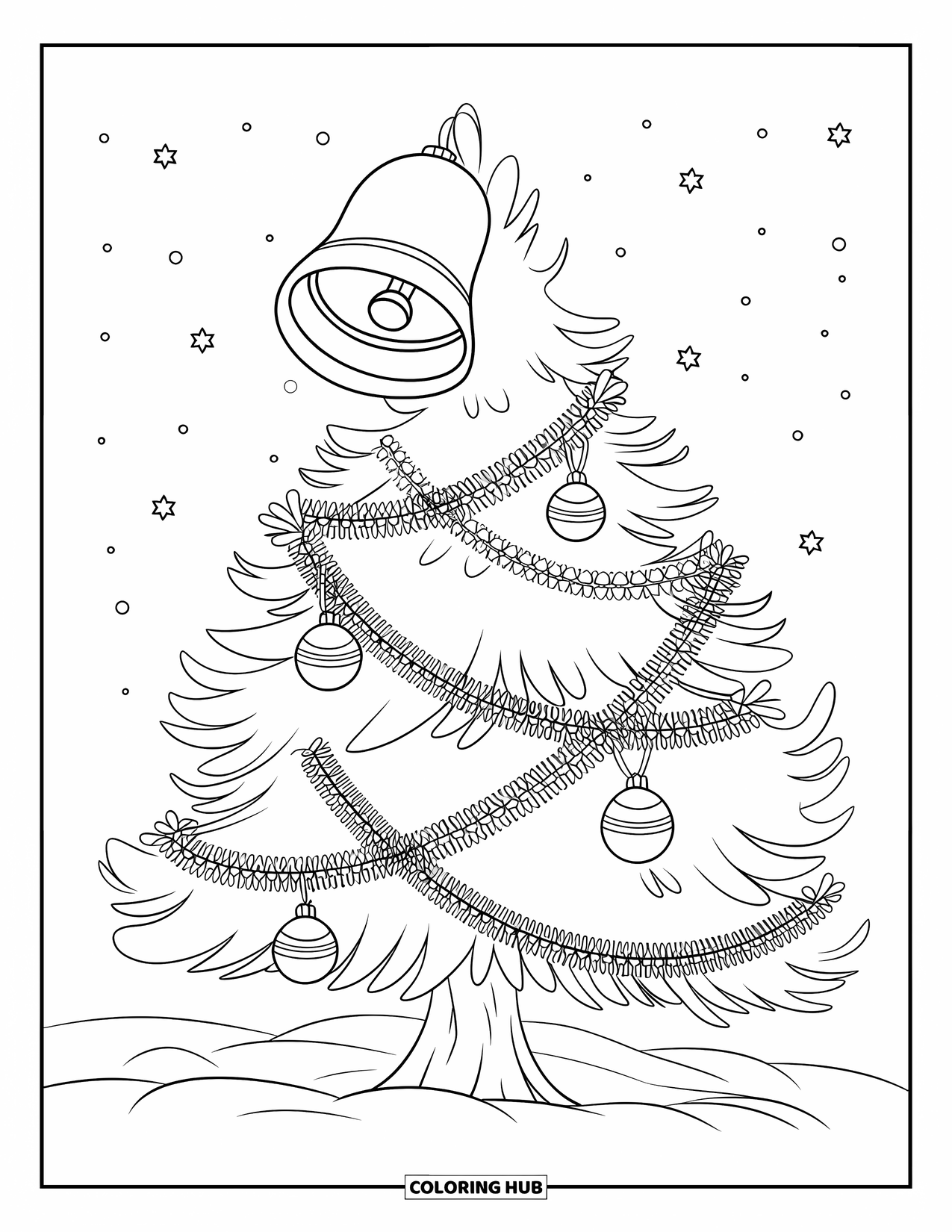 Christmas Tree Coloring Page for Kids: Tree with garlands and bells under a starry sky