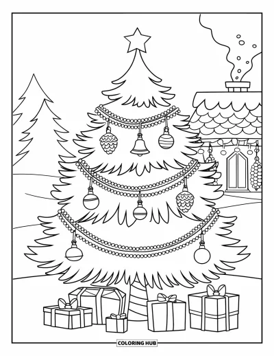 Coloriage de sapin de Noël pour enfants : Un sapin avec des guirlandes, des clochettes, des pommes de pin et un cottage en arrière-plan