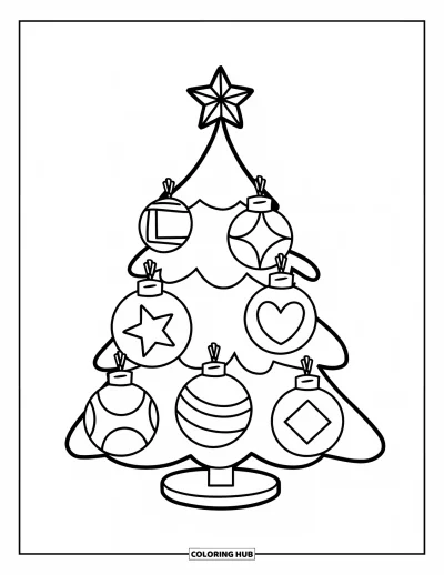 Coloriage de sapin de Noël pour enfants : Un sapin avec des ornements en forme de cœur, d'étoile et d'autres formes sur un socle rond