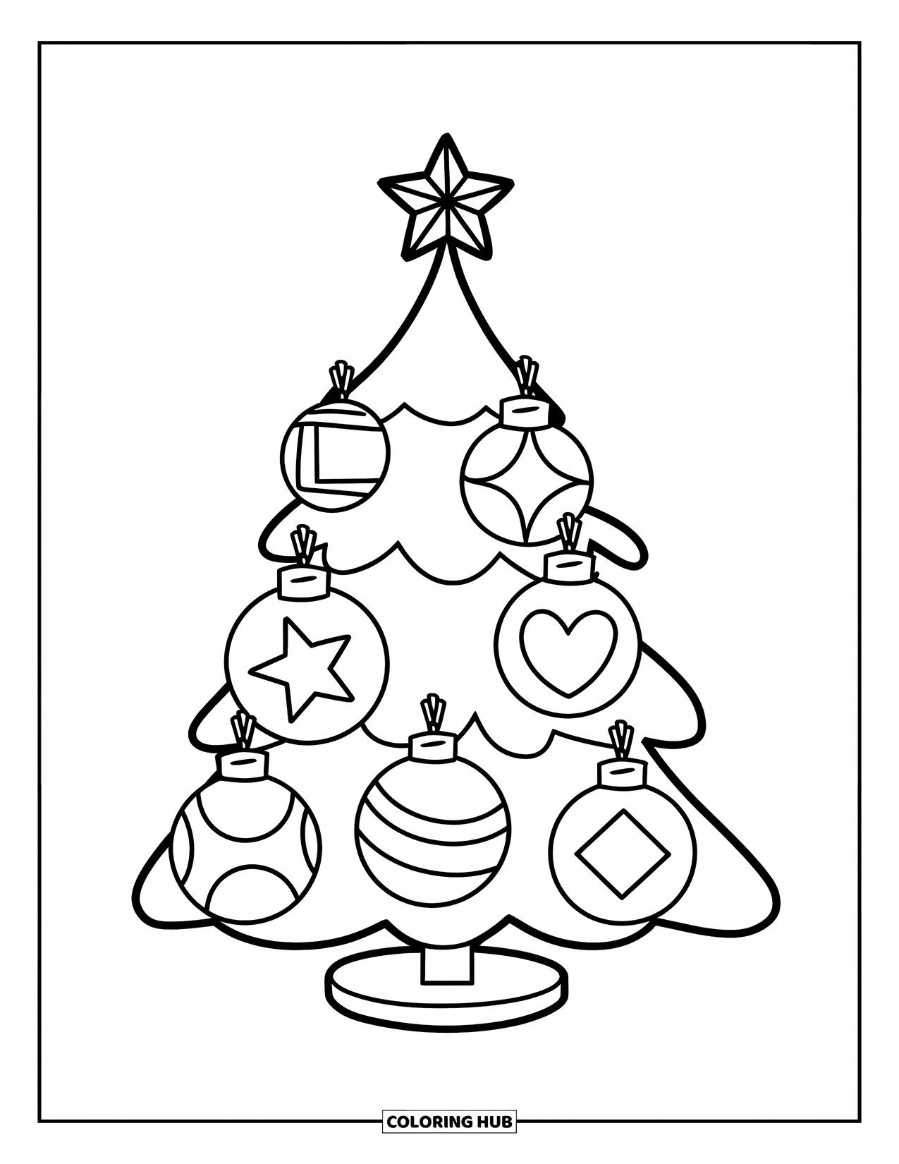 Christmas Tree Coloring Page for Kids: Tree with heart, star, and other shaped ornaments standing on a round base