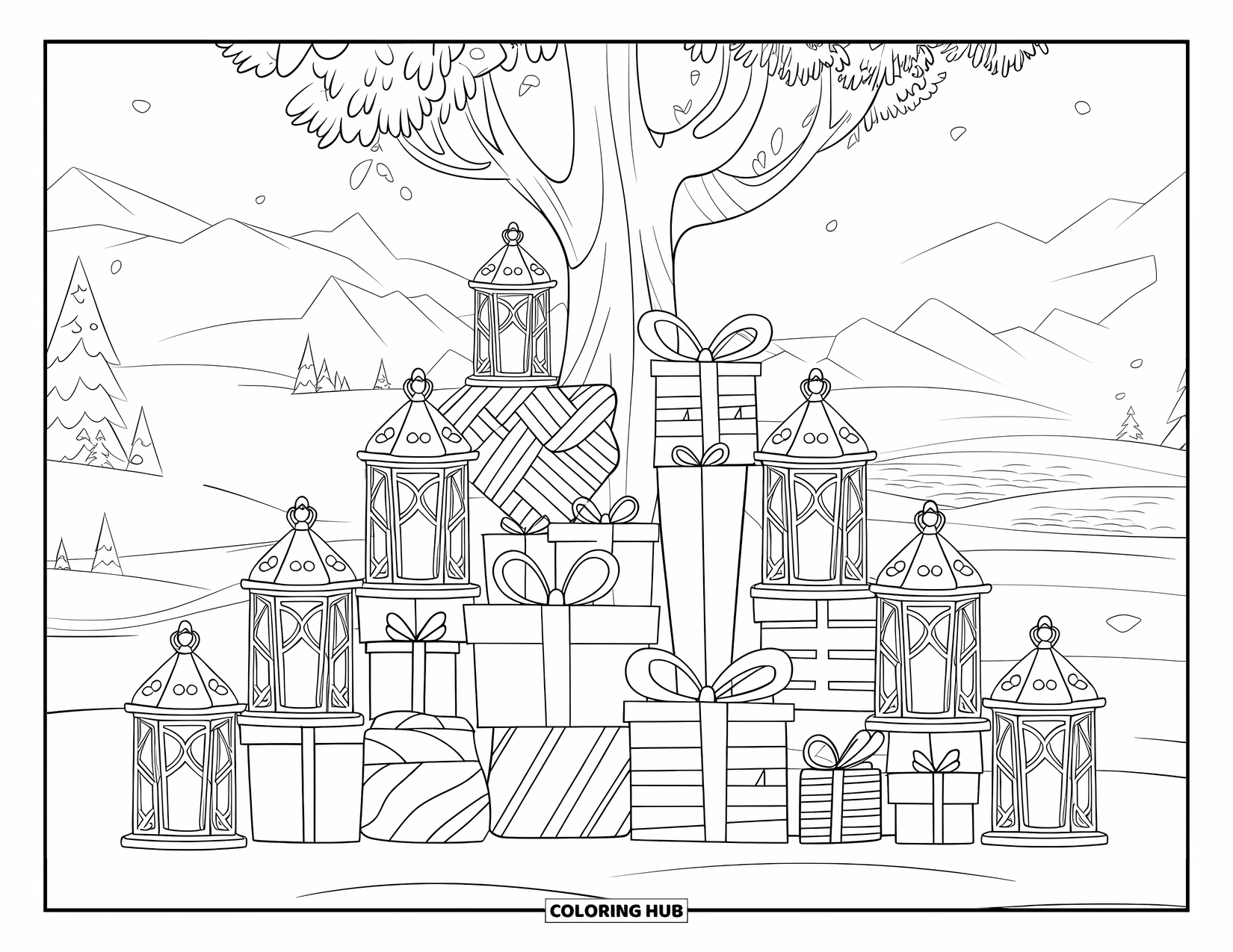 Christmas Tree Coloring Page for Kids: Tree with lanterns, snowy ground, presents, a bridge, and distant mountains