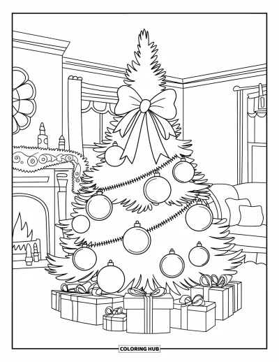 Coloriage de sapin de Noël pour enfants : Un sapin avec de grosses boules et un nœud dans une pièce douillette avec une cheminée