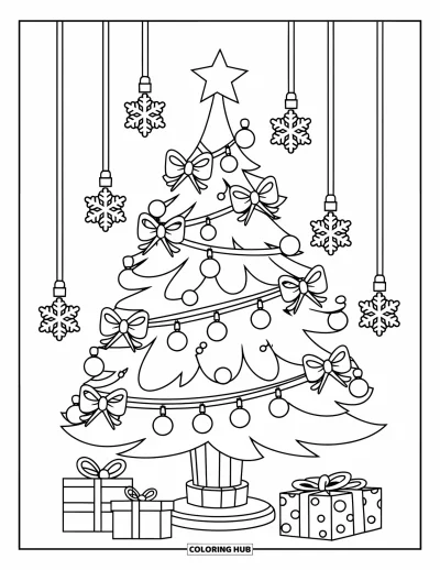Coloriage de sapin de Noël pour enfants : Un sapin avec des guirlandes lumineuses, des nœuds, des flocons de neige et des cadeaux en dessous