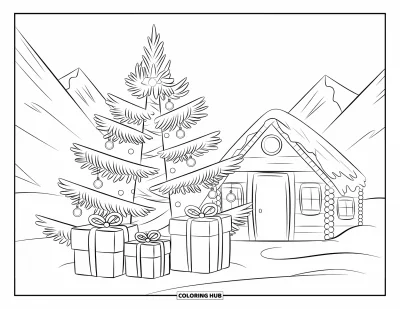 Coloriage de sapin de Noël pour enfants : Un sapin avec des ornements et des cadeaux près d'un paisible chalet enneigé