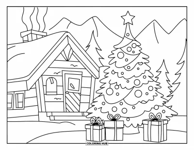 Coloriage de sapin de Noël pour enfants : Un sapin avec des ornements et des cadeaux près d'un chalet avec de la fumée sortant de la cheminée