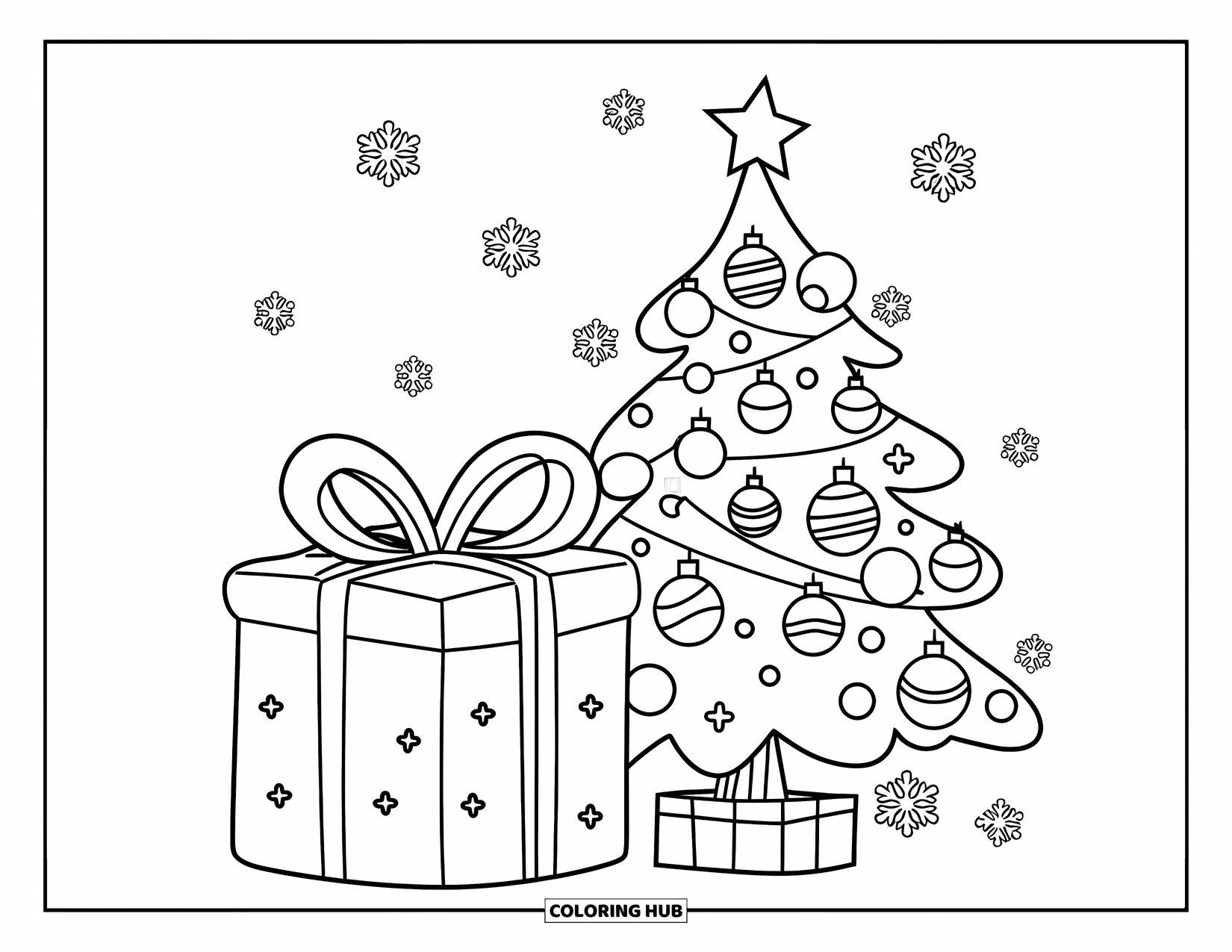 Christmas Tree Coloring Page for Kids: Tree with ornaments and ribbon beside a big gift and snowflakes