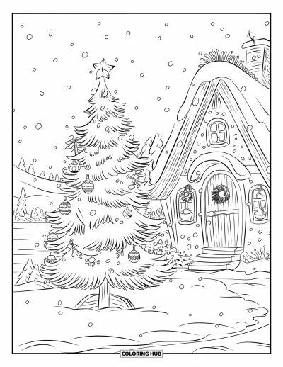 Coloriage de sapin de Noël pour enfants : Un sapin avec des ornements et de la neige près d'un cottage au toit de chaume au bord de l'eau