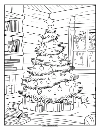 Coloriage de sapin de Noël pour enfants : Un sapin avec des ornements dans un chalet en rondins avec des livres, des tasses et une atmosphère chaleureuse