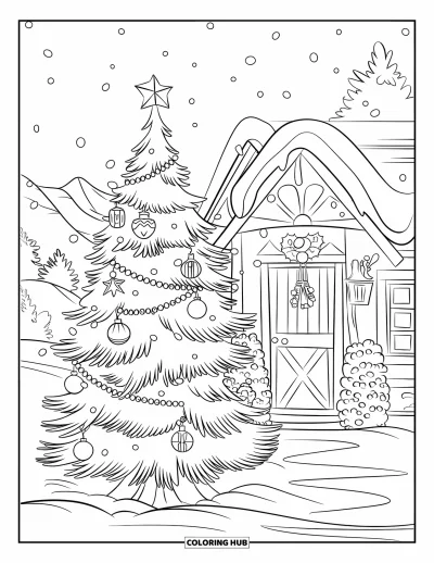 Coloriage de sapin de Noël pour enfants : Un sapin avec des ornements devant un cottage enneigé sous la neige qui tombe