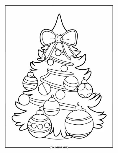 Coloriage de sapin de Noël pour enfants : Un sapin avec de grandes boules et un beau nœud en ruban