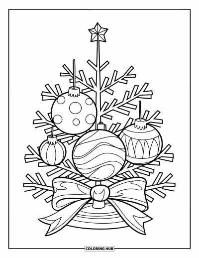 Coloriage de sapin de Noël pour enfants : Un sapin avec des boules à motifs et une étoile, surmonté d'un nœud en ruban