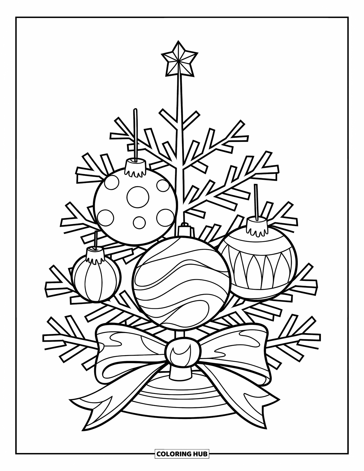 Christmas Tree Coloring Page for Kids: Tree with patterned baubles and a star, topped with a ribbon bow