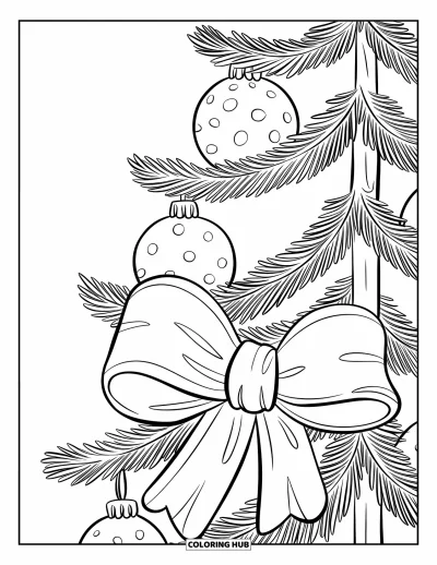 Coloriage de sapin de Noël pour enfants : Un sapin avec des boules rondes et un grand nœud dans un décor simple