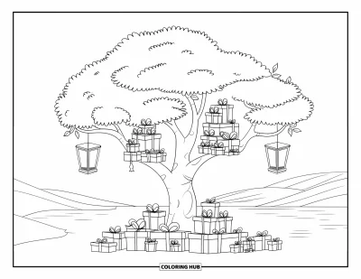 Coloriage de sapin de Noël pour enfants : Un sapin avec des cadeaux éparpillés près d'un lac tranquille et de douces collines enneigées