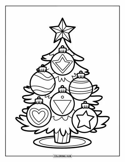 Coloriage de sapin de Noël pour enfants : Un sapin avec des ornements de formes variées comme un cœur, une étoile et un triangle sur un socle rond
