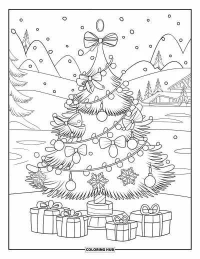 Coloriage de sapin de Noël pour enfants : Un sapin avec des flocons de neige, des nœuds, des cadeaux et un paisible panorama de montagnes enneigées